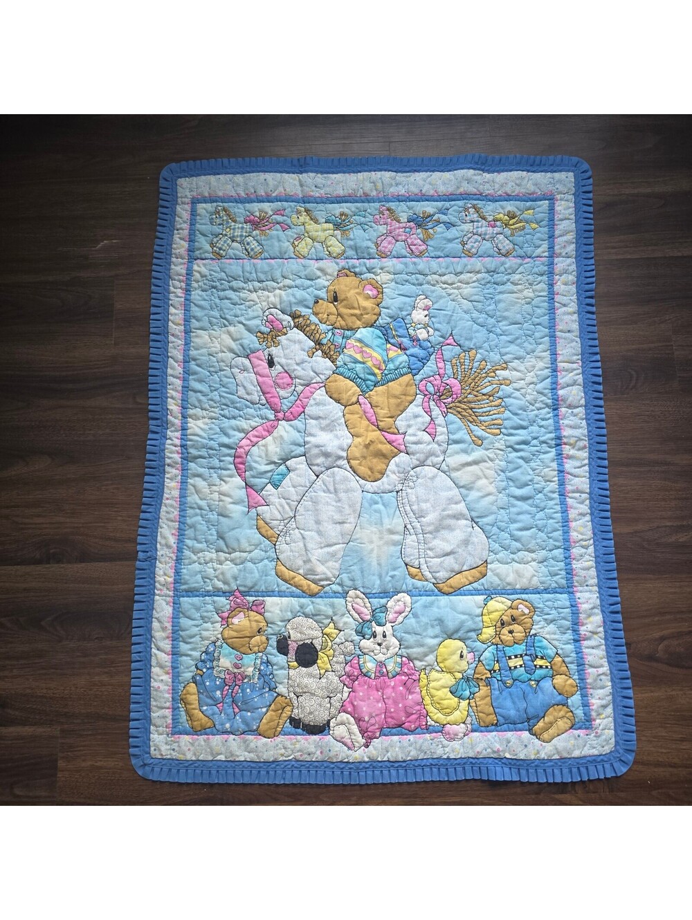Vintage Baby Quilt Blanket Teddy Bear Rocking Horse Bunny Lamb Blue Ruffle 43x32